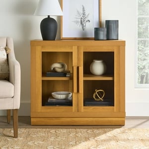Track Stock of Better Homes & Gardens Ezra Accent Cabinet, Light Honey Finish