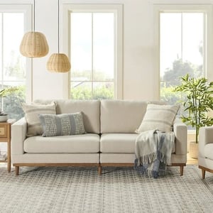Track Stock of Springwood Wood Frame 83.46" Couch, Cream Linen, Light Honey Woodbase Finish