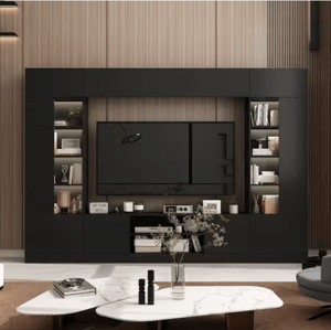 Track Stock of 4-Piece Black Wood Entertainment Center