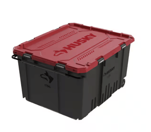 Track Stock of 170 Gal. Pro Grip Storage Tote in Black with Red Lid