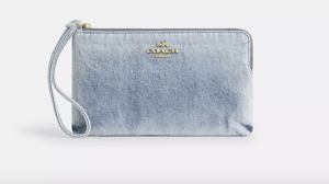 Track Stock of Large Corner Zip Wristlet In Loved Denim