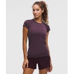 Track Stock of Swiftly Tech Short-Sleeve Shirt 2.0 *Hip Length - Spandex Stripe Plum/Indochine Blue - 18