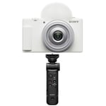Track Stock of Sony ZV-1F Vlogging Camera, White with GP-VPT3 Shooting Grip & Tripod w/Remote