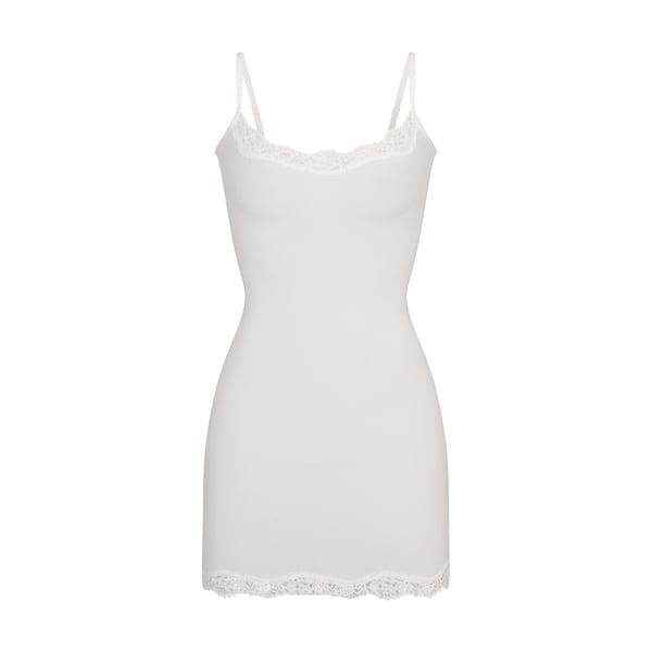 slim fit dress slacks White Denim Slip Dress with Lace