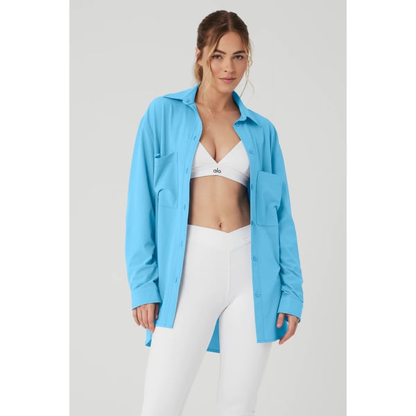 Track Alo Dreamscape Button Down Long Sleeve - Azure Blue - M at