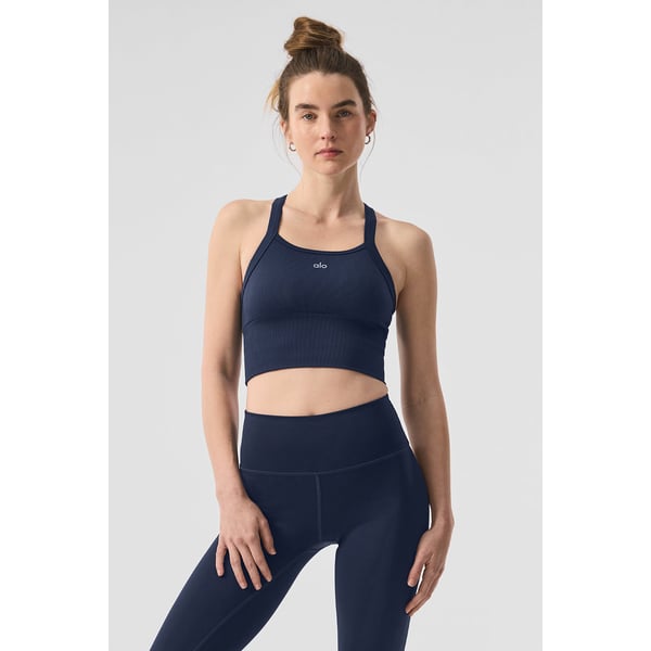 Track Alo Seamless Ribbed Favorite Bra Tank - Navy - Xs at Alo Yoga